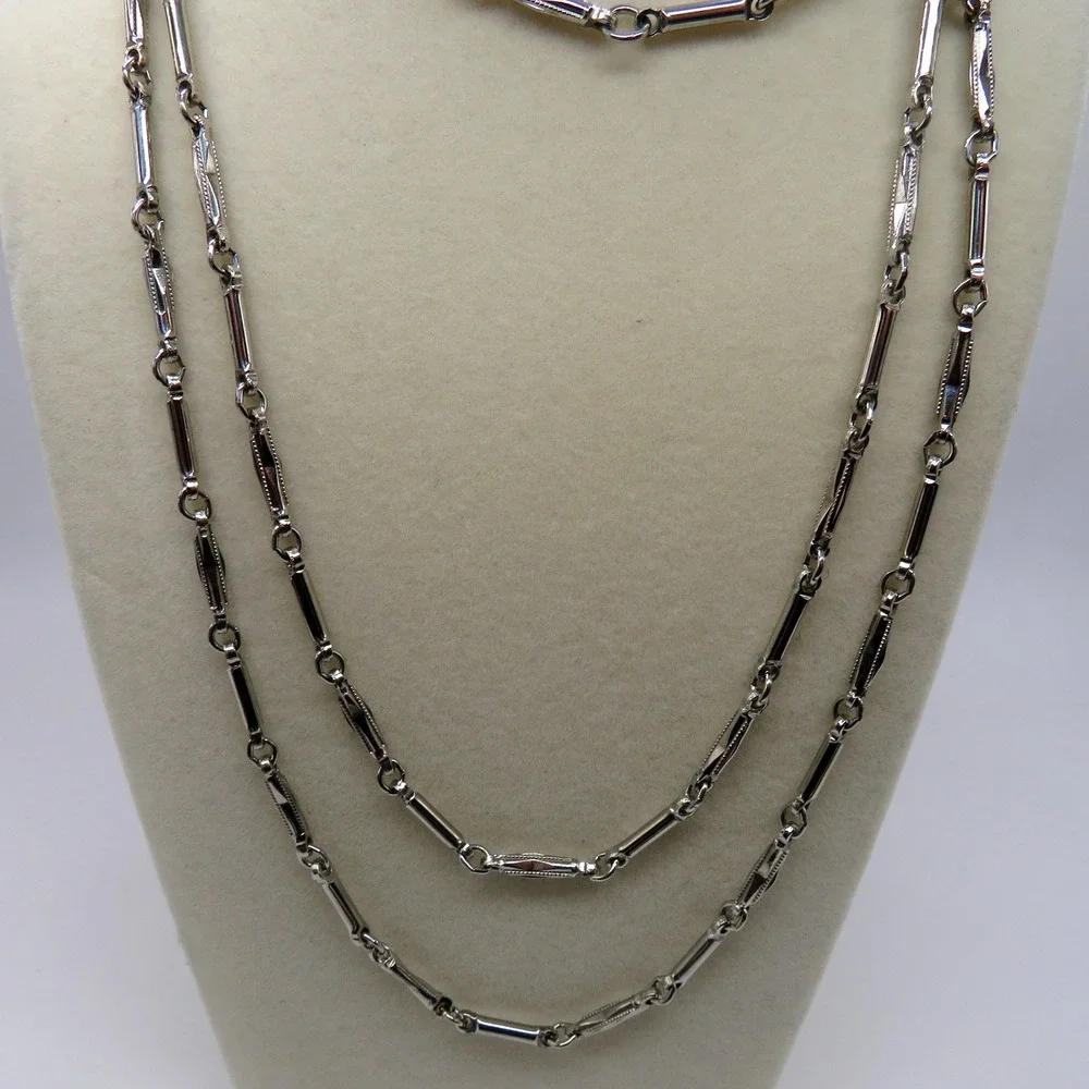 Vintage Silver Tone Alternating Bar Station Chain Necklace 48 Inch Long Opera